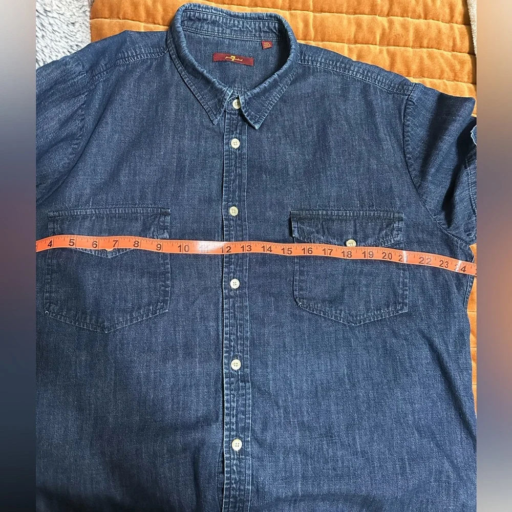 7 For All Mankind Blue Denim Button Down Women’s Size XXL Short Sleeve Top - Picture 9 of 13
